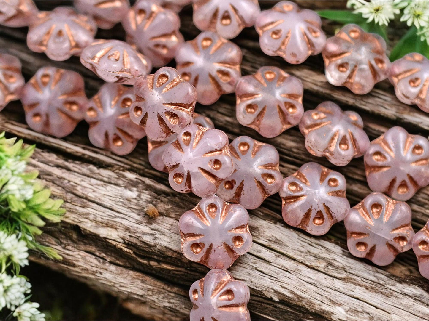 *10* 11mm Copper Washed Milky Pink Scalloped Flower Beads