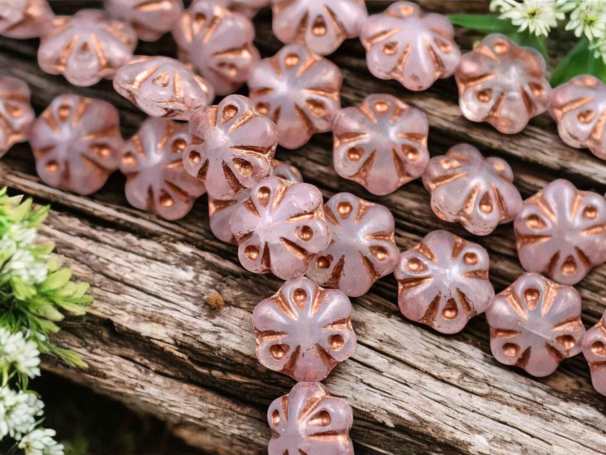 *10* 11mm Copper Washed Milky Pink Scalloped Flower Beads