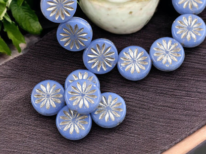 *15* 12mm Silver Platinum Washed Blue Opaline Aster Flower Coin Beads