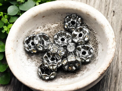 Gunmetal w/ Crystal Rhinestone Wavy Edge Rondelle Spacer Beads