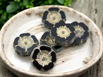 *12* 12mnm Gold Washed Jet Picasso Hawaiian Flower Beads