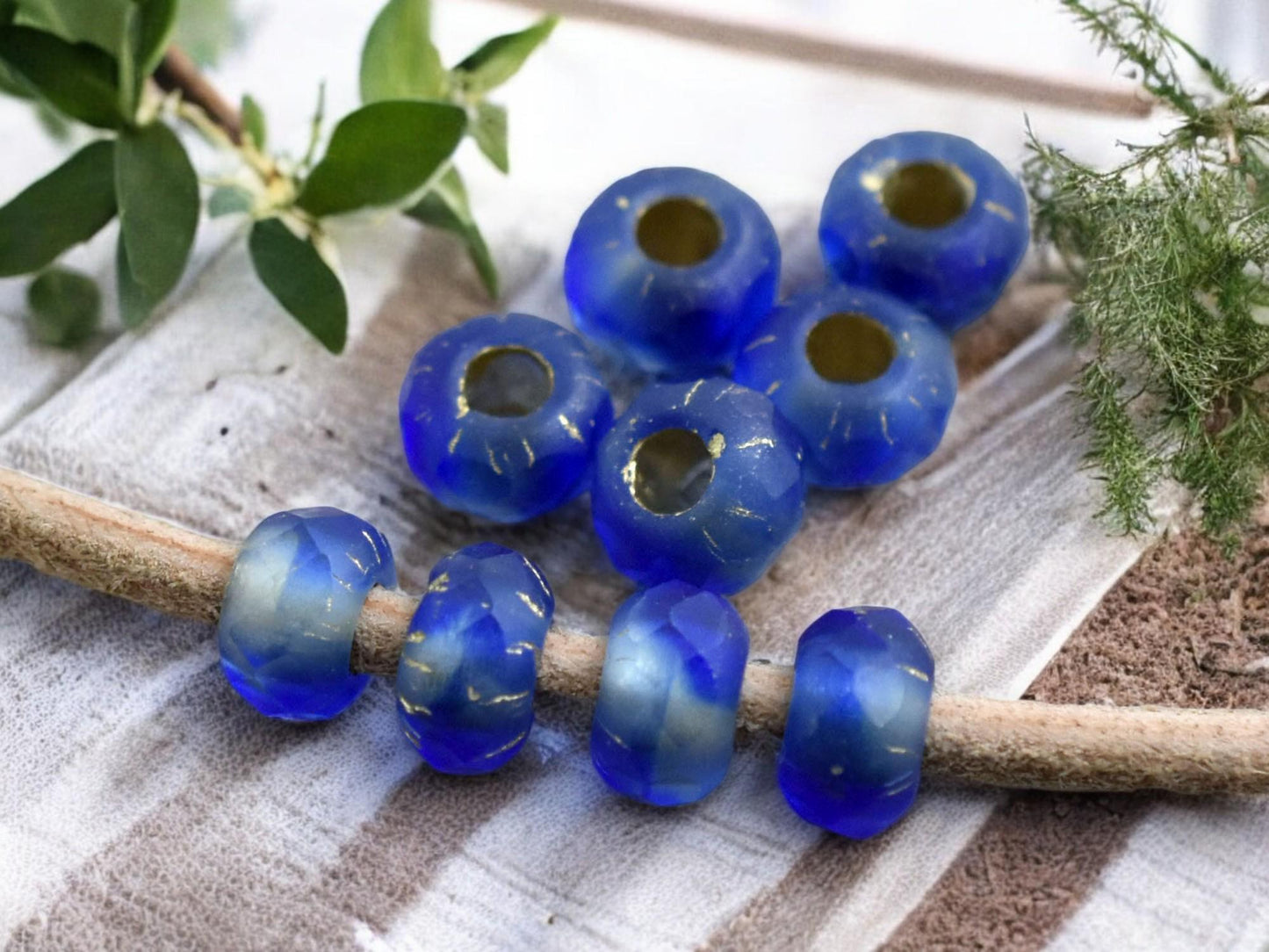 *25* 5x8mm Gold Lined Matte Sapphire Faceted Large Hole Rondelle Roller Beads