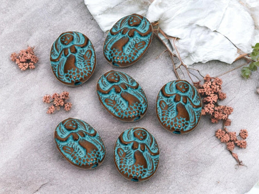 Metal Beads - Copper Beads - Mermaid Beads - Mermaid Charm - Patina Beads - 15x12mm - 20pcs - (945)