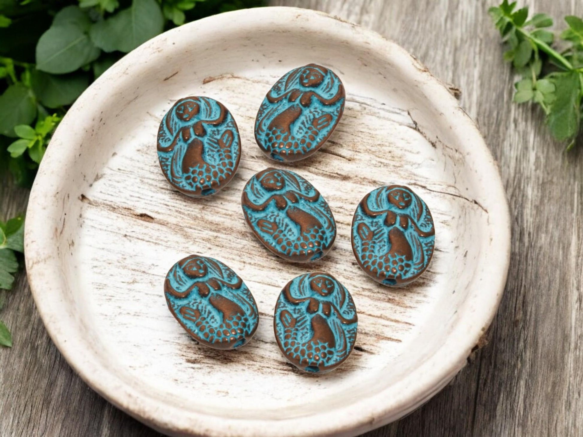 Metal Beads - Copper Beads - Mermaid Beads - Mermaid Charm - Patina Beads - 15x12mm - 20pcs - (945)