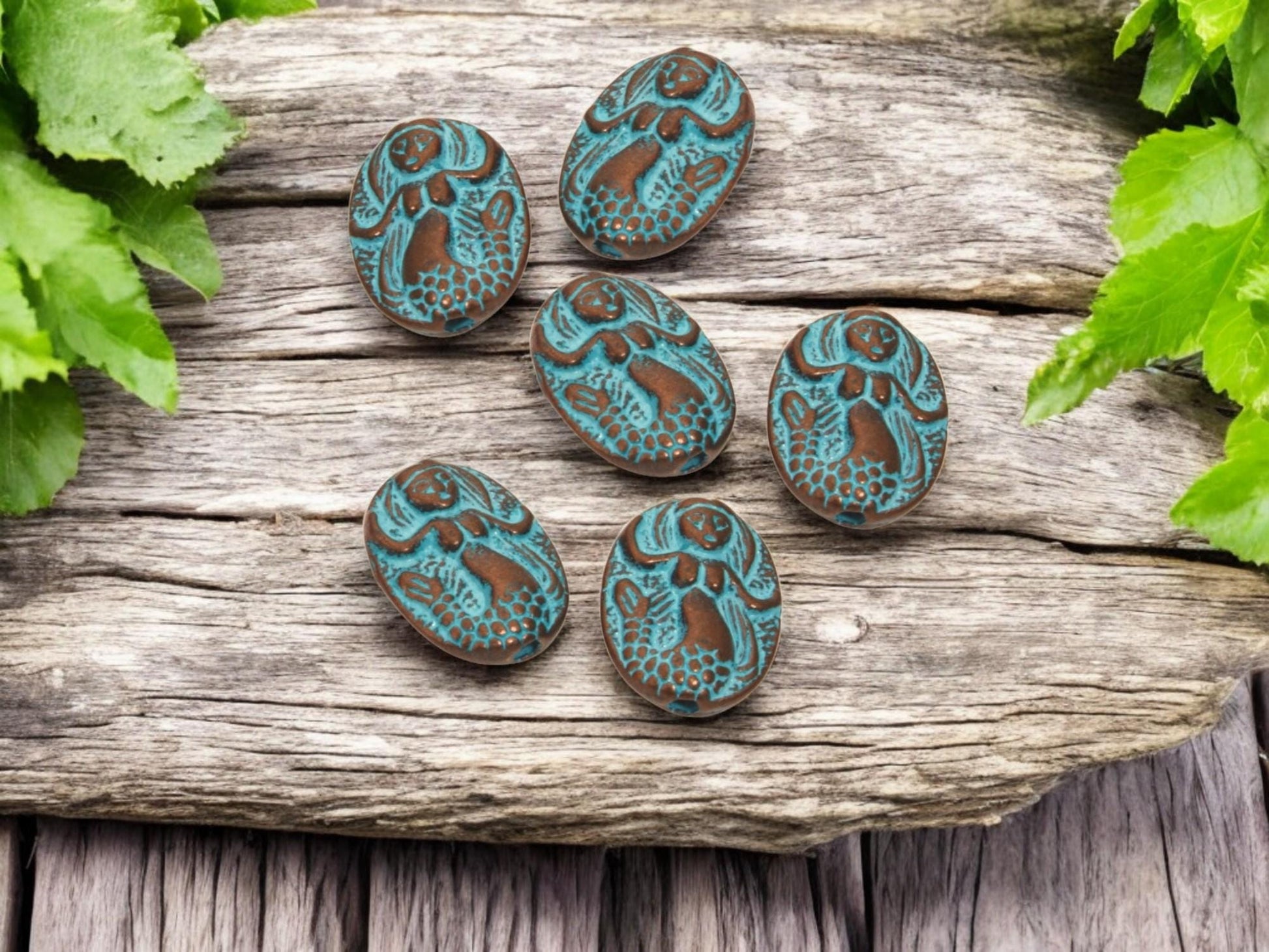 Metal Beads - Copper Beads - Mermaid Beads - Mermaid Charm - Patina Beads - 15x12mm - 20pcs - (945)