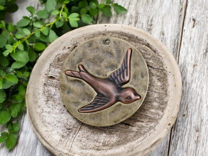 Metal Pendant - Boho Pendant - Bird Pendant - 2 Tone Pendant - Medallion Pendant - Hammered Pendant - 41mm - (3141)