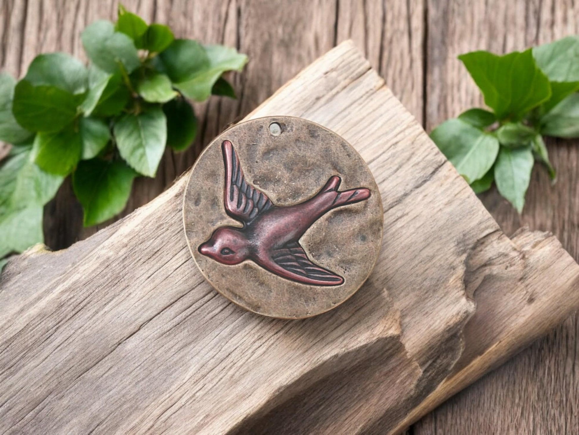 Metal Pendant - Boho Pendant - Bird Pendant - 2 Tone Pendant - Medallion Pendant - Hammered Pendant - 41mm - (3141)