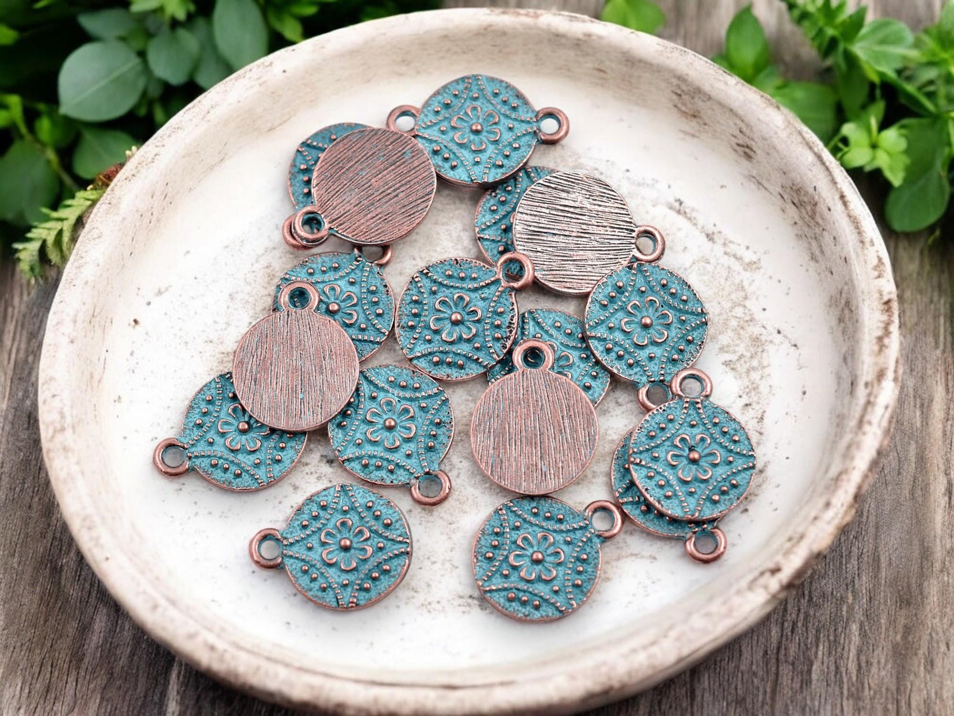 Metal Charms - Patina Charms - Flower Charms - Floral Charms - Copper Charms - 13mm - 20pcs - (1944)