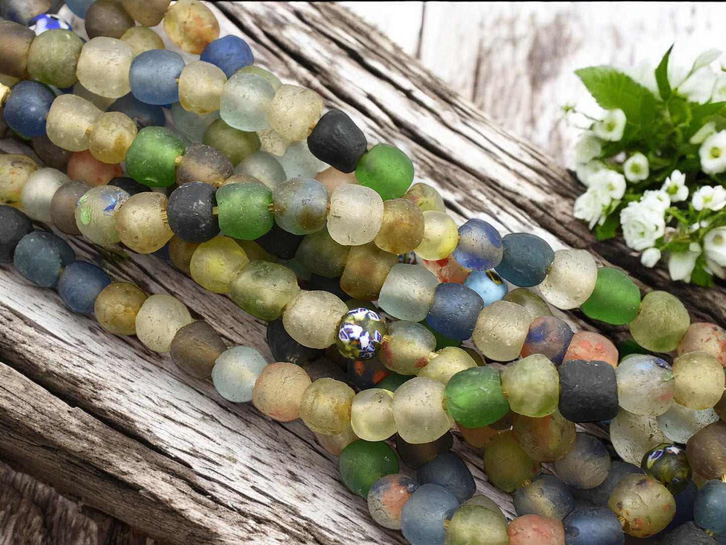 African Trade Beads - Fair Trade Beads - Powder Glass Beads - African Recycled Glass Beads - Approx 13-16mm - 10" Strand - (J44)