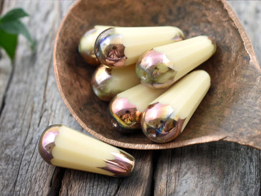 *2* 8x20mm Bronze Rainbow Tipped Opaque Beige Faceted Drop Beads