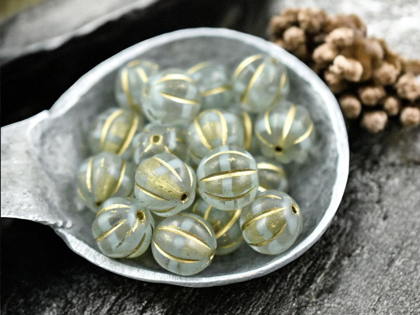 *20* 8mm Gold Washed Mint Crystal Melon Beads