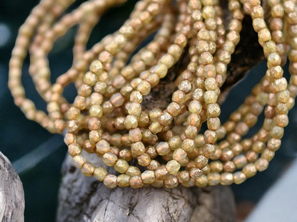 *50* 3mm Gold/Copper Etched Champagne Opal Fire Polished Round Beads