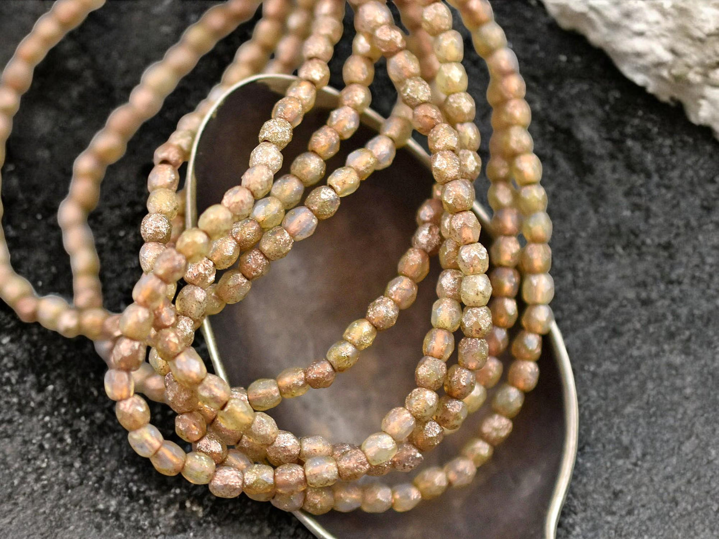 *50* 3mm Gold/Copper Etched Champagne Opal Fire Polished Round Beads