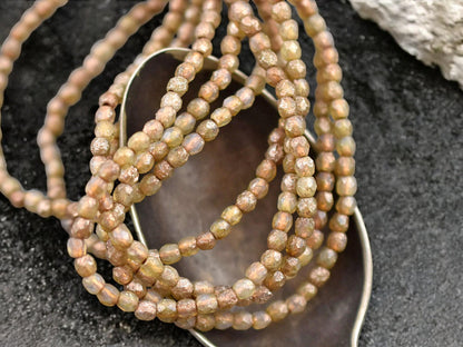 *50* 3mm Gold/Copper Etched Champagne Opal Fire Polished Round Beads