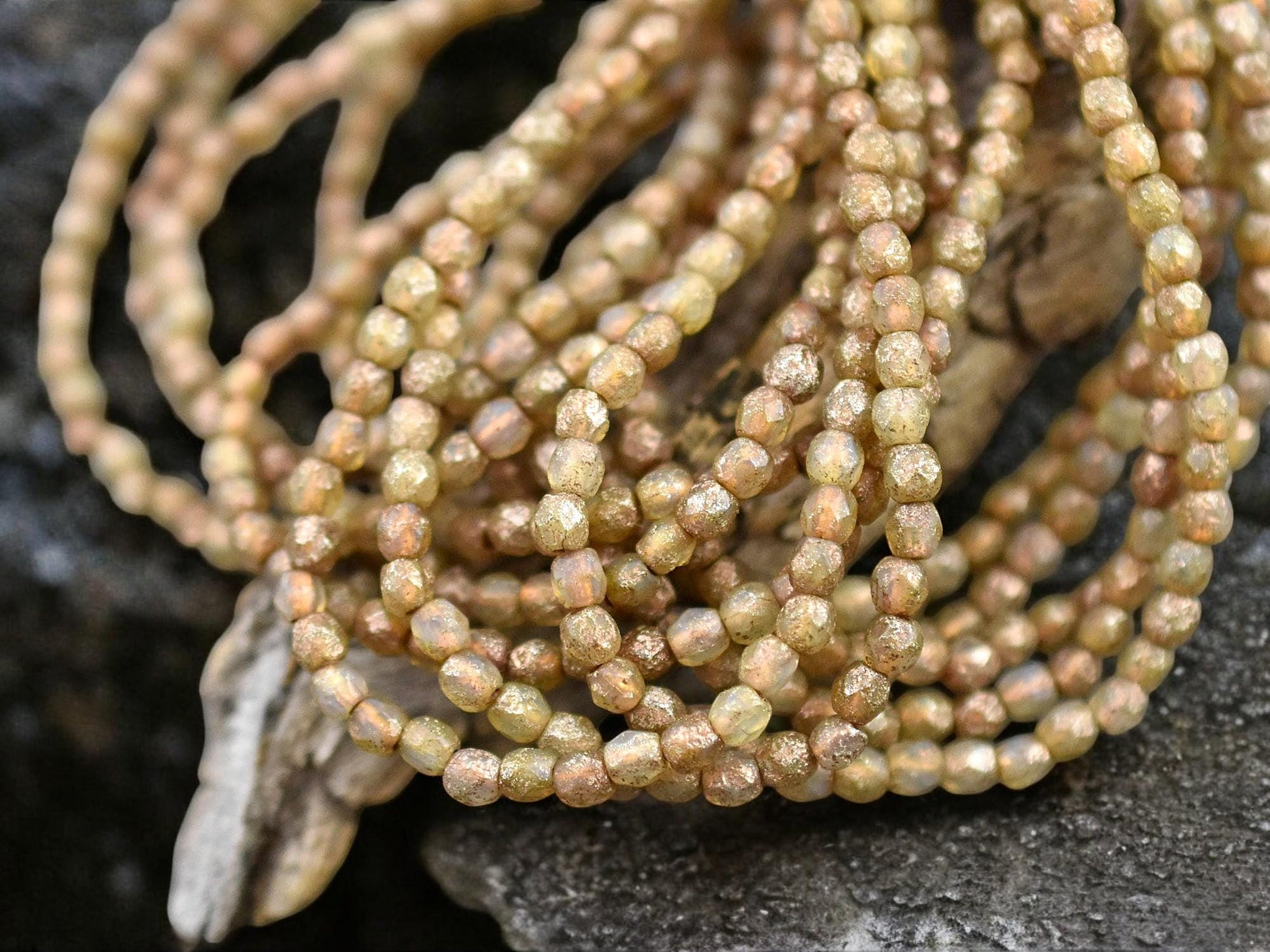 *50* 3mm Gold/Copper Etched Champagne Opal Fire Polished Round Beads