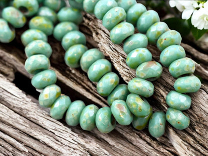 *25* 5x8mm Green Turquoise Picasso Faceted Large Hole Rondelle Roller Beads