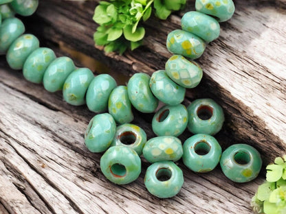 *25* 5x8mm Green Turquoise Picasso Faceted Large Hole Rondelle Roller Beads