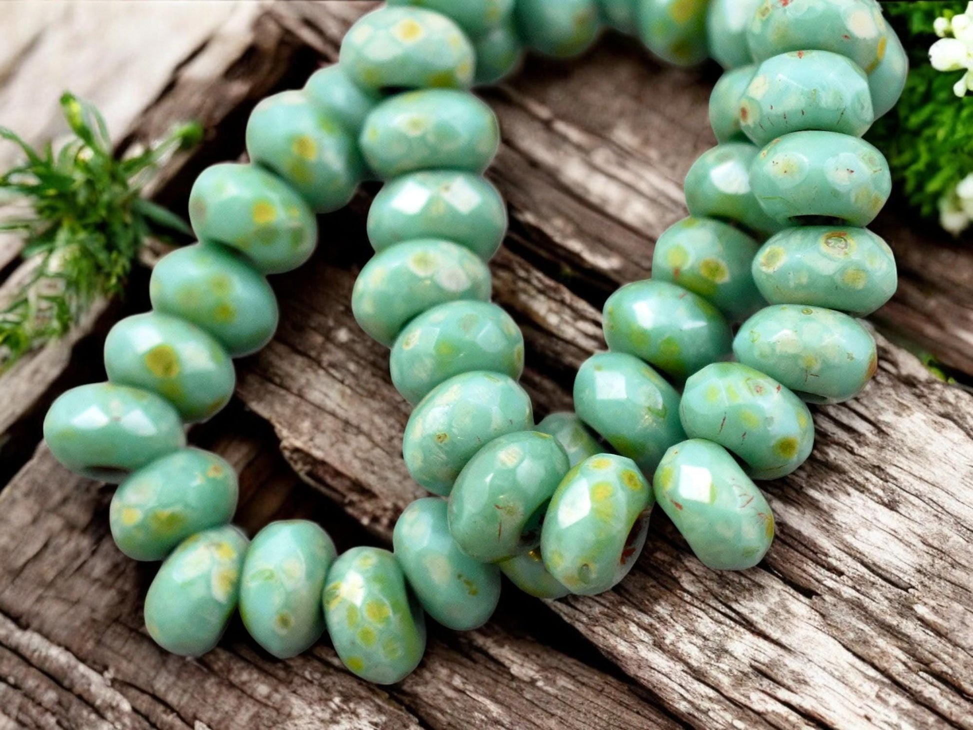*25* 5x8mm Green Turquoise Picasso Faceted Large Hole Rondelle Roller Beads