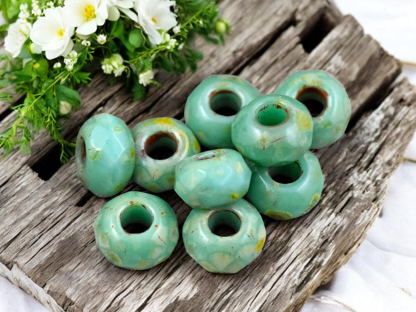 *25* 5x8mm Green Turquoise Picasso Faceted Large Hole Rondelle Roller Beads