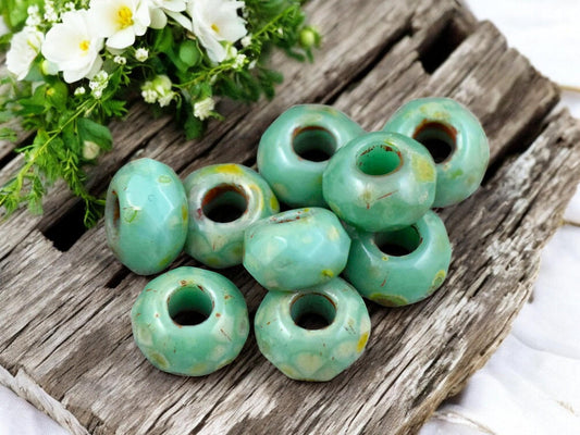 *25* 5x8mm Green Turquoise Picasso Faceted Large Hole Rondelle Roller Beads