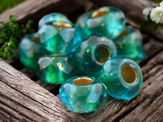 *25* 5x8mm Gold Lined Emerald Capri Faceted Large Hole Rondelle Roller Beads