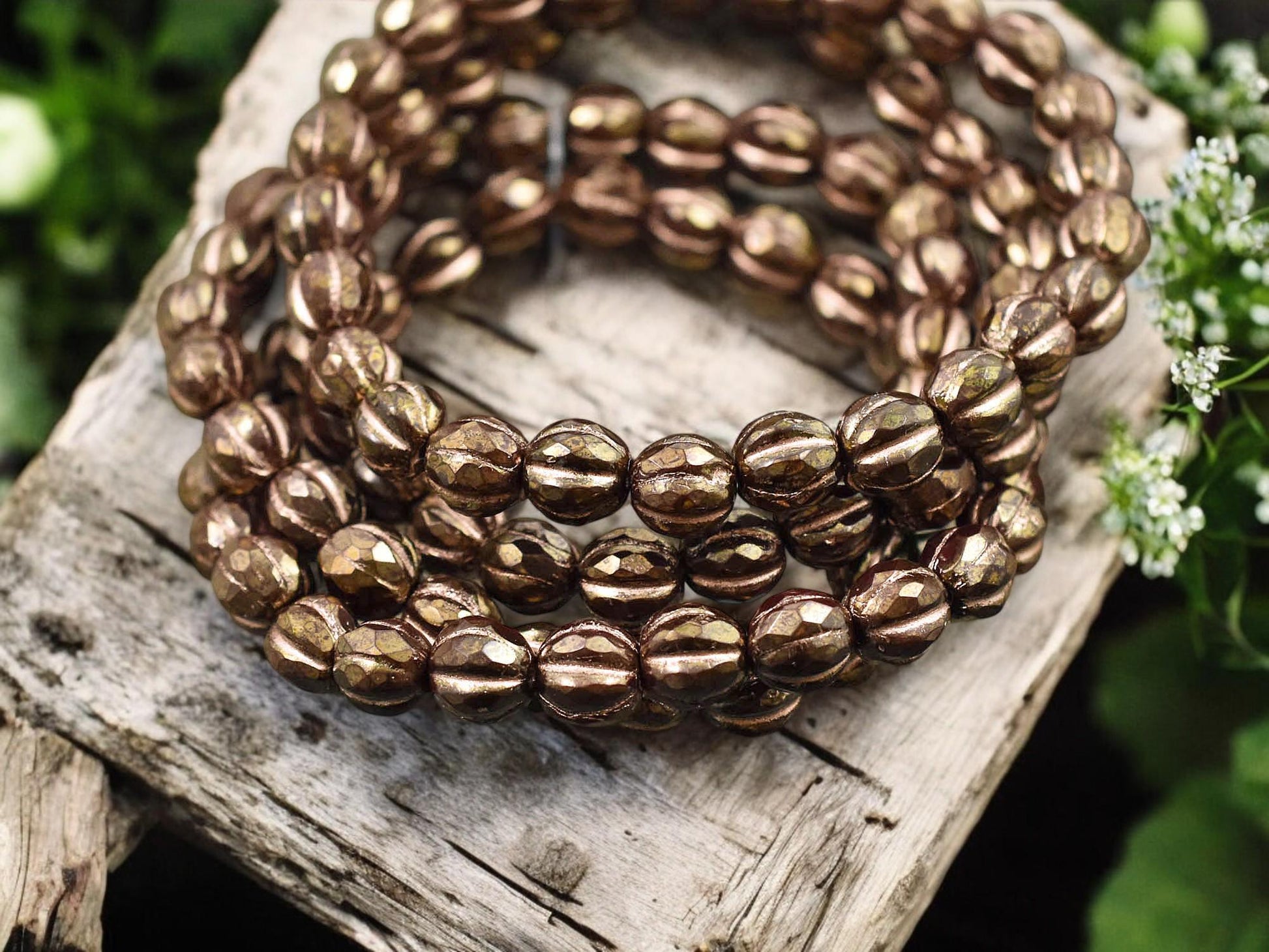 *25* 6mm Copper Washed Dark Bronze Faceted Round Melon Beads