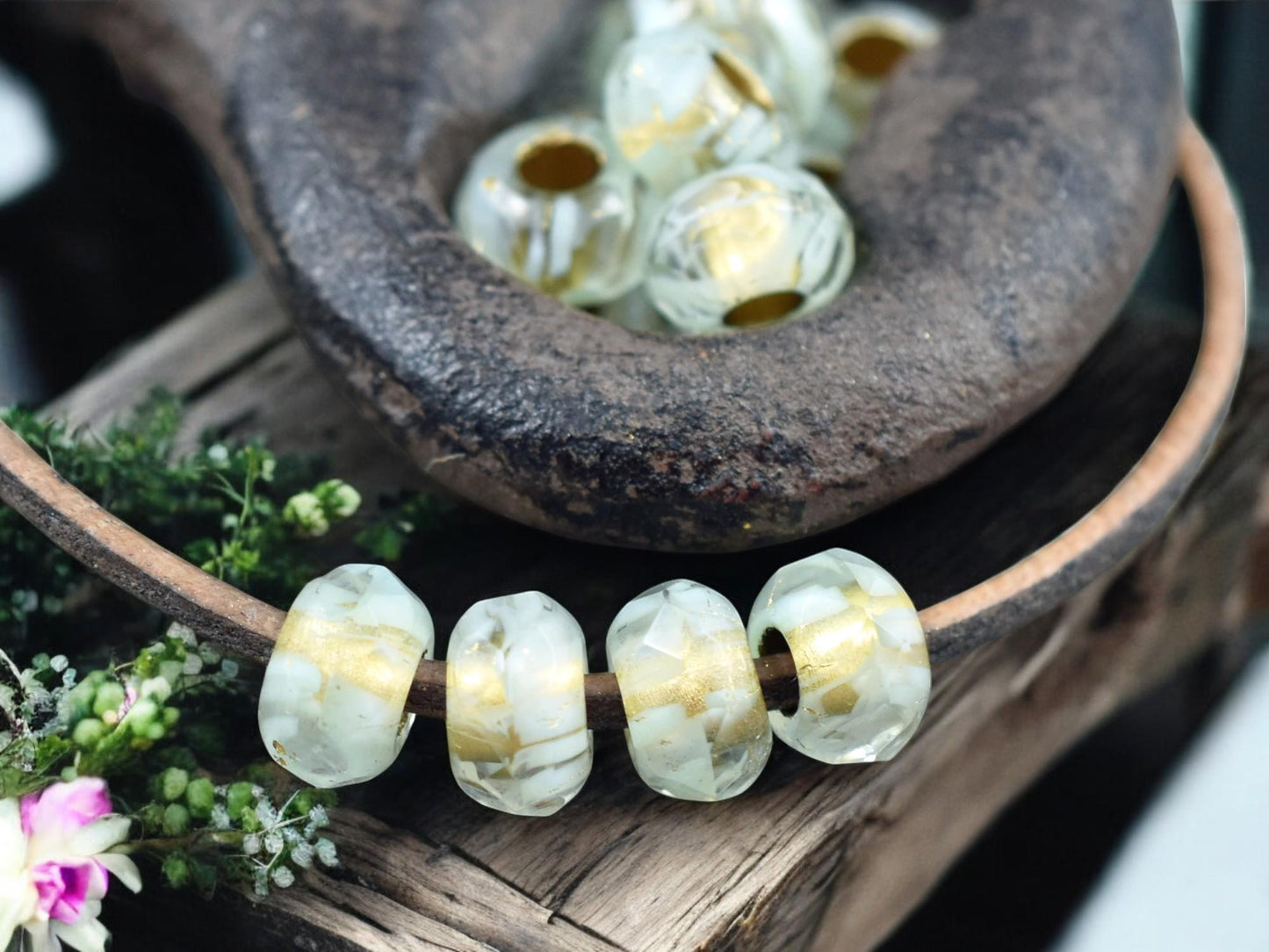 *25* 5x8mm Gold Lined Seafoam Crystal Faceted Large Hole Rondelle Roller Beads