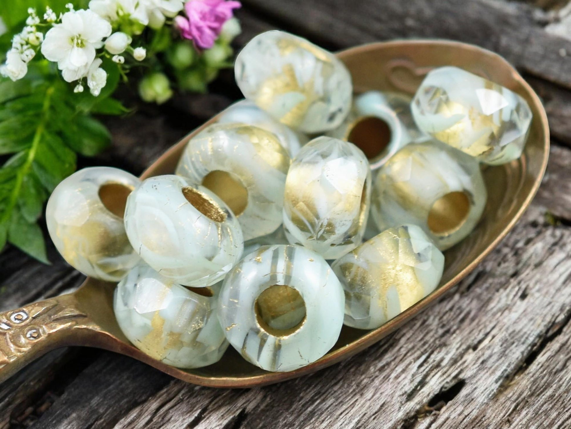 *25* 5x8mm Gold Lined Seafoam Crystal Faceted Large Hole Rondelle Roller Beads