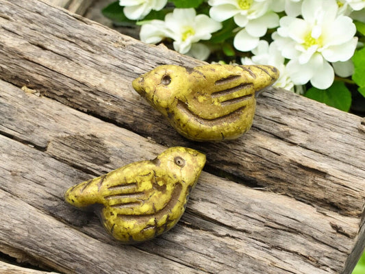 *6* 11x22mm Gold Washed Opaque Yellow Bird Beads