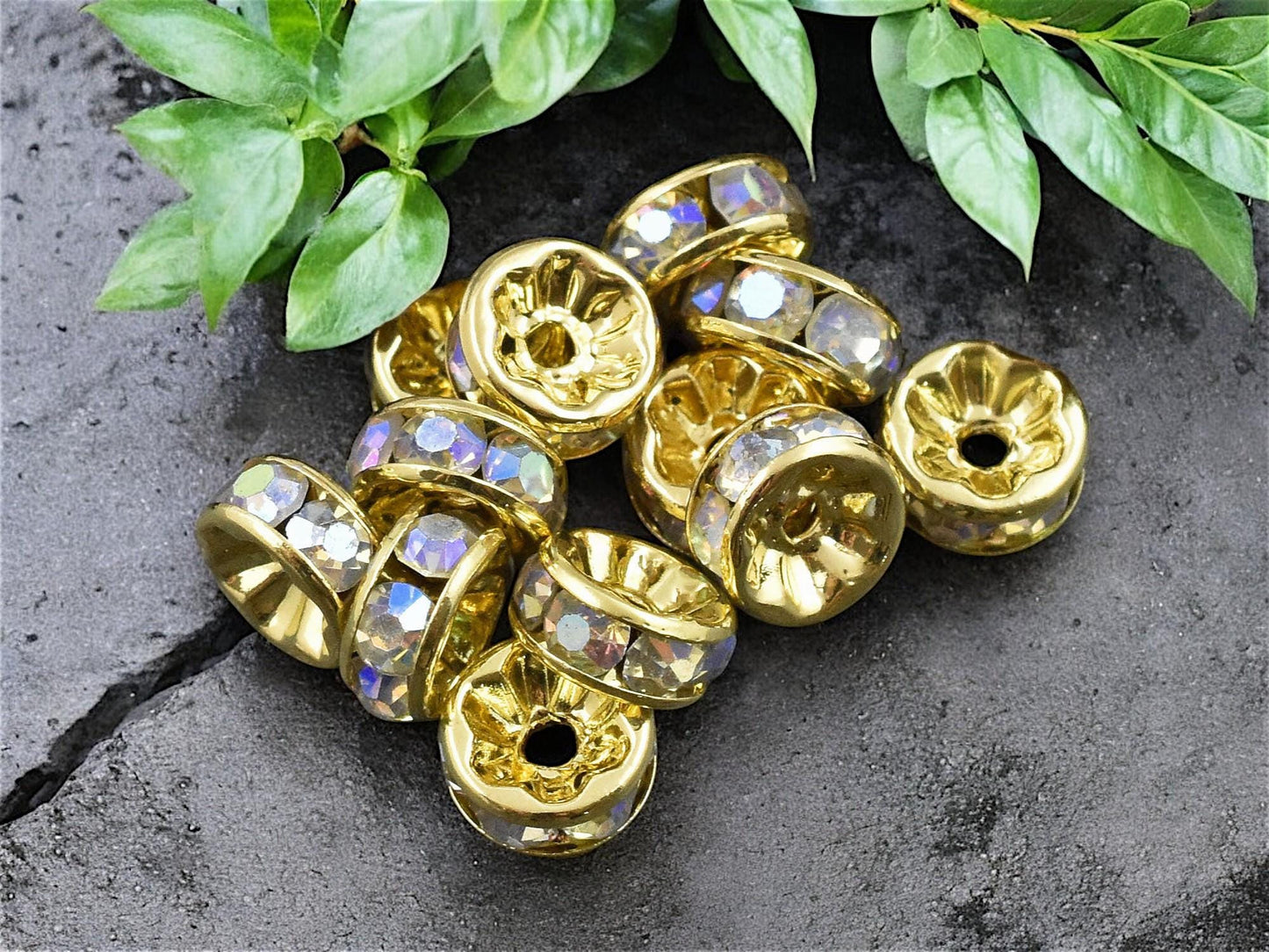 Gold w/ Crystal AB Rhinestone Rondelle Spacer Beads