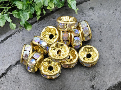 Gold w/ Crystal AB Rhinestone Rondelle Spacer Beads