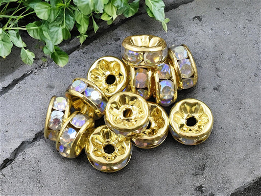 Gold w/ Crystal AB Rhinestone Rondelle Spacer Beads