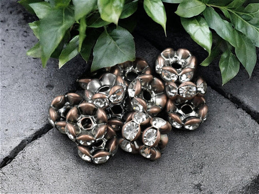 Antique Copper w/ Crystal Rhinestone Wavey Edge Rondelle Spacer Beads