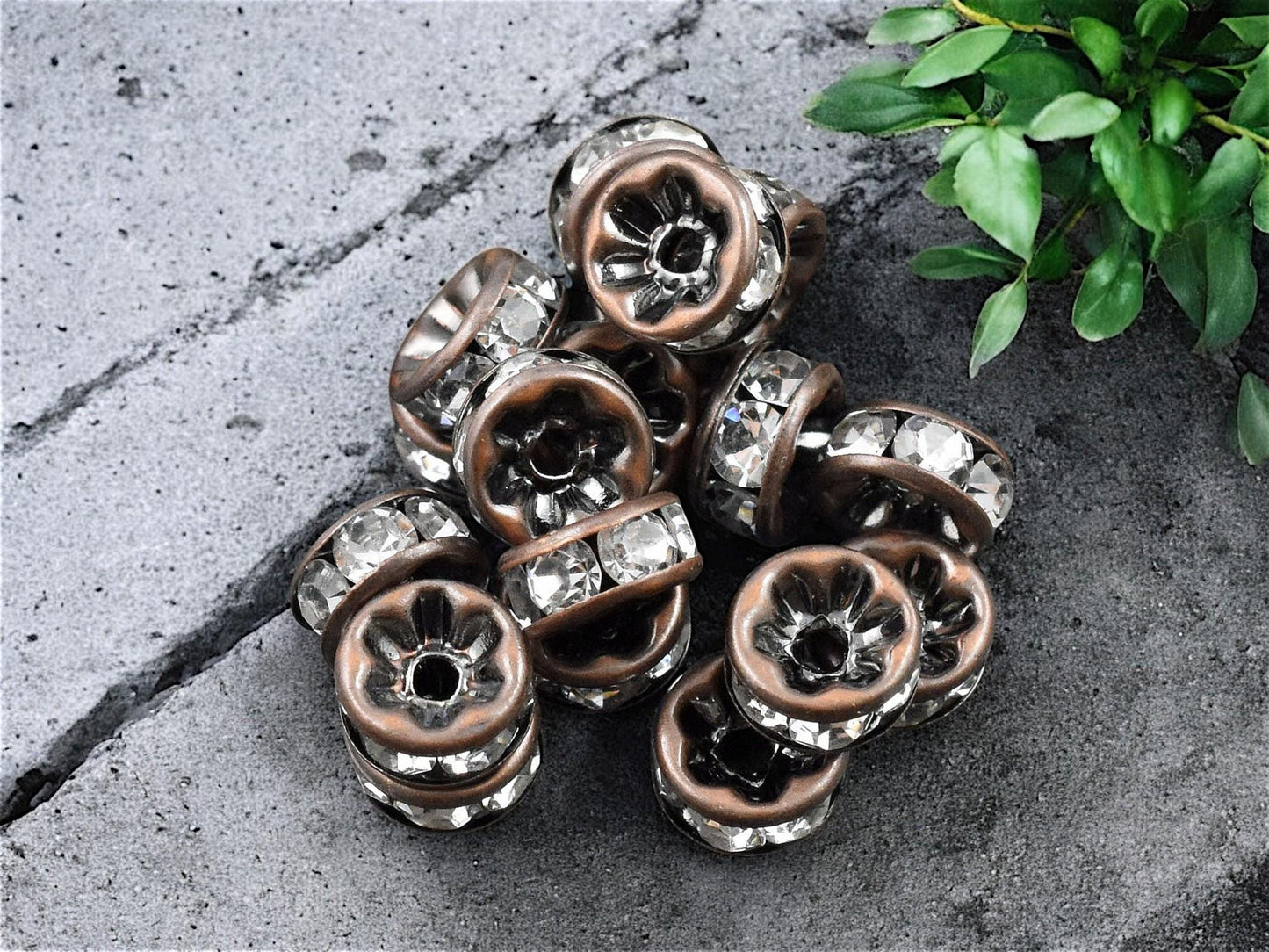 Antique Copper w/ Crystal Rhinestone Rondelle Spacer Beads