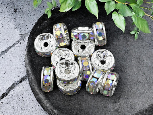 Silver w/ Crystal AB Rhinestone Rondelle Spacer Beads