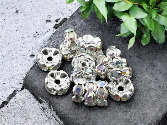 Silver w/ Crystal AB Rhinestone Wavy Edge Rondelle Spacer Beads