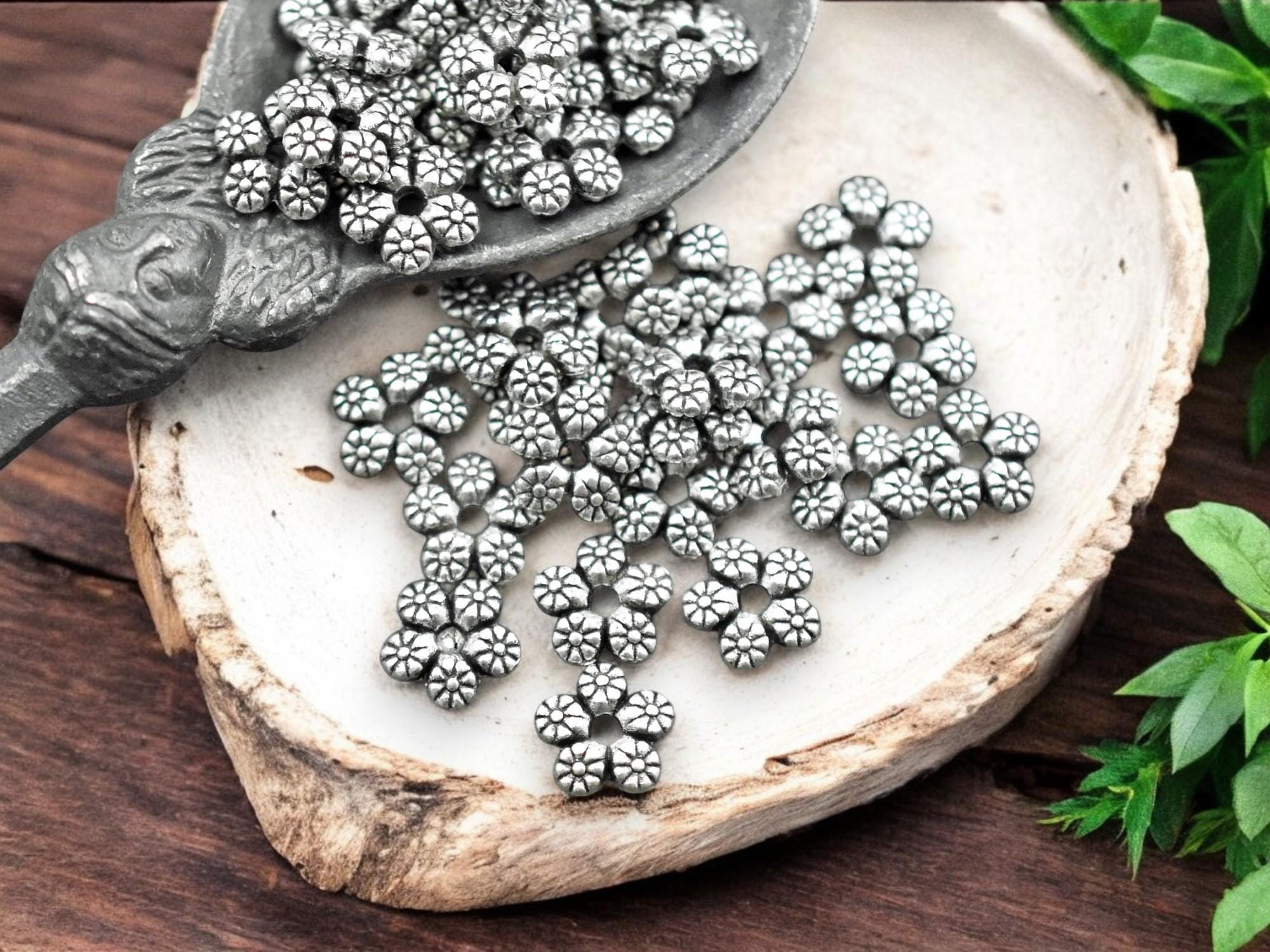 *100* 7mm Antique Silver Flower Rondelle Beads – The Bead Obsession