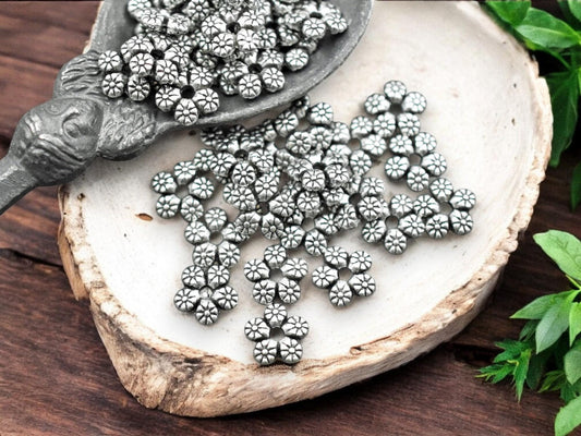 *100* 7mm Antique Silver Flower Rondelle Beads