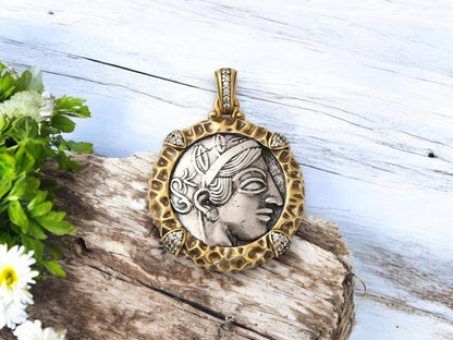 Metal Pendants - Mixed Metal Pendant - Greek Coin Replica - Rhinestone Pendant - 35x30mm - (5726)