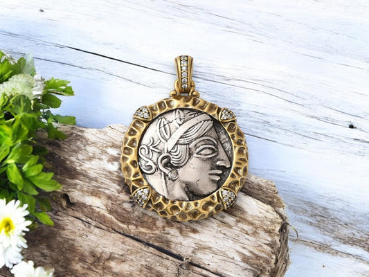 Metal Pendants - Mixed Metal Pendant - Greek Coin Replica - Rhinestone Pendant - 35x30mm - (5726)