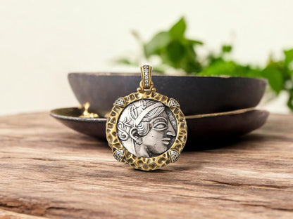 Metal Pendants - Mixed Metal Pendant - Greek Coin Replica - Rhinestone Pendant - 35x30mm - (5726)