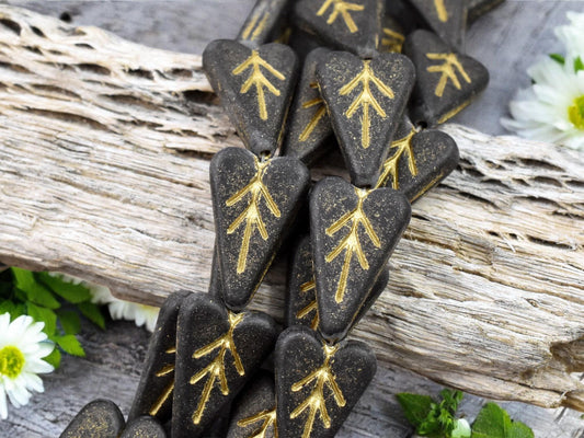 *8* 17x11mm Gold Washed Matte Jet Black Heart Leaf Beads