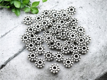 6.5mm Antique Silver Daisy Spacer Beads -- Choose Your Quantity