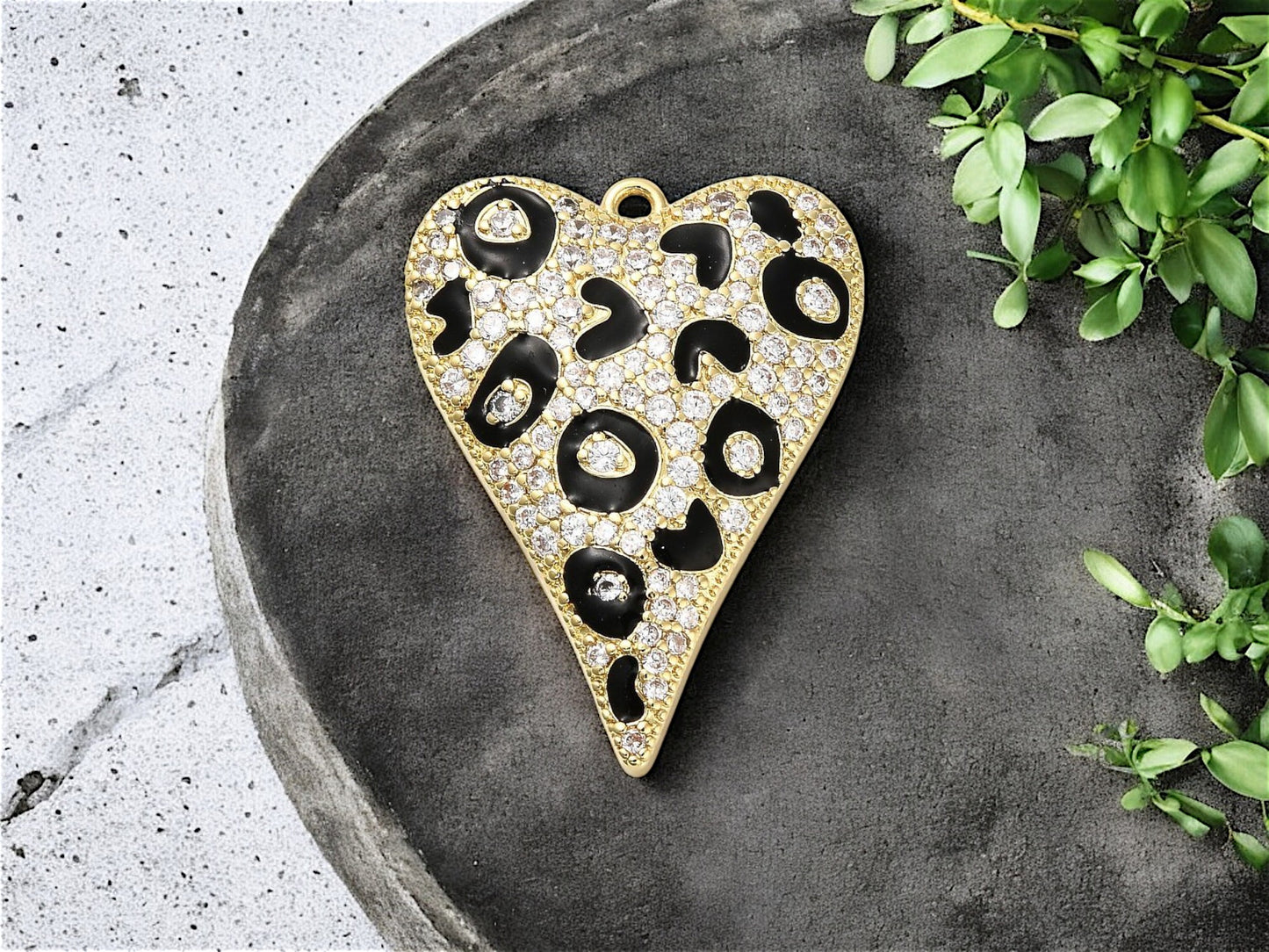 22x29mm Plated Brass Micro Pave CZ Leopard Elongated Heart Charms - Gold or Platinum