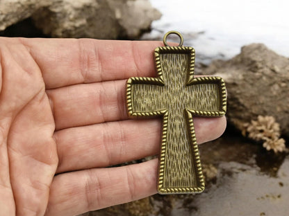 Metal Pendant - Cross Pendant - DIY Resin Jewelry - Open Bezel Pendant - 70x43mm - 2pcs
