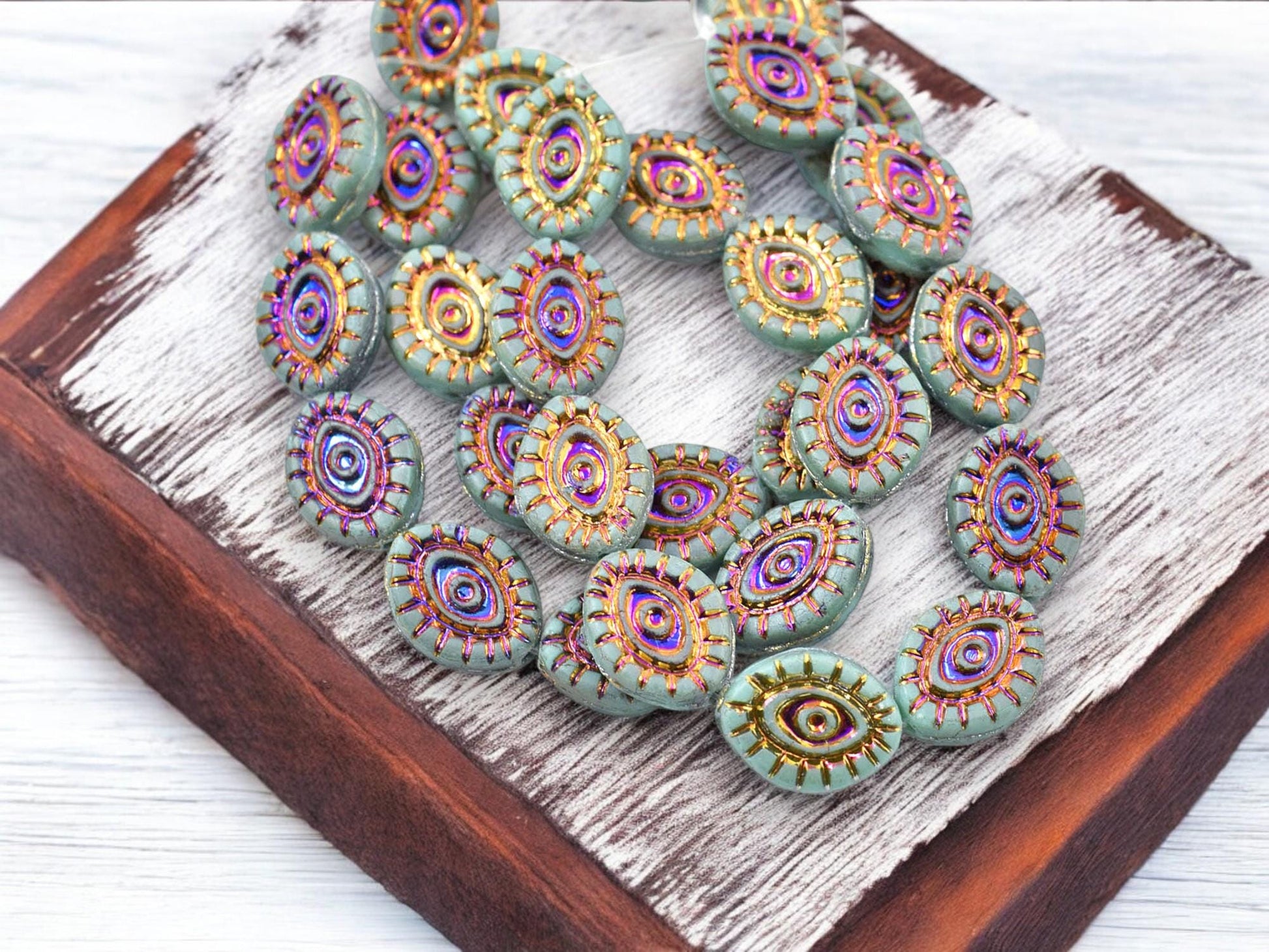 Czech Glass Beads - Evil Eye Beads - Mystic Eye Beads - Full Strand - 10pcs - 14x11mm - (1648)