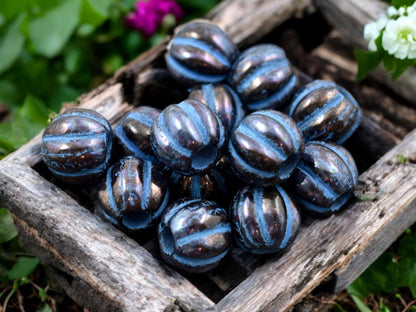 *20* 8mm Turquoise Washed Bronzed Jet Black Large Hole Melon Beads