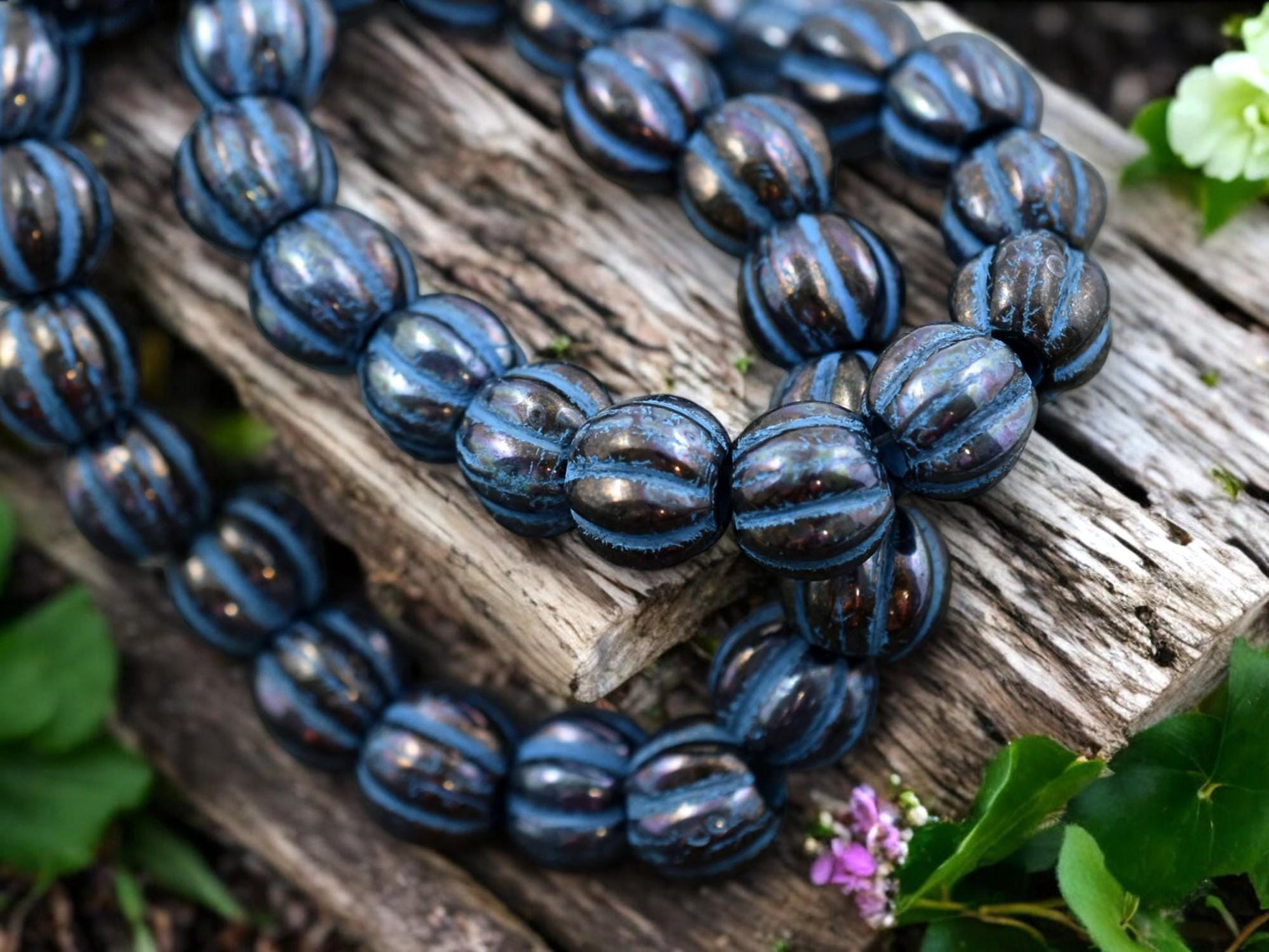 *20* 8mm Turquoise Washed Bronzed Jet Black Large Hole Melon Beads