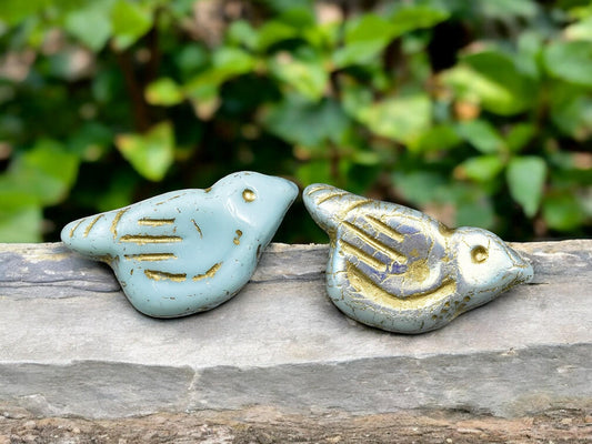 *6* 11x22mm Gold Washed Baby Blue AB Bird Beads