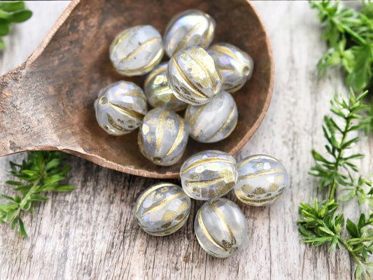 *12* 10mm Gold Washed Crystal Opaline AB Faceted Round Melon Beads